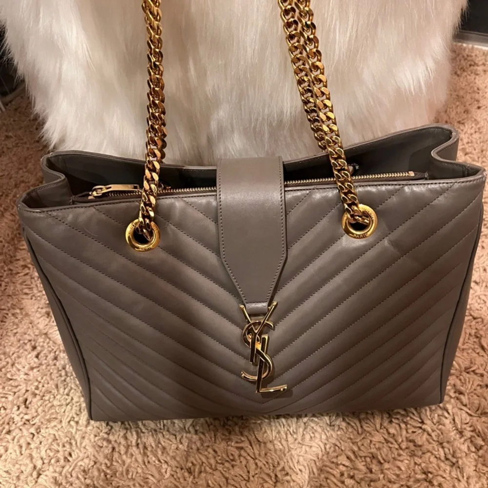 Yves Saint Laurent Gray Chevron Quilted Tote with Gold Chain Handles